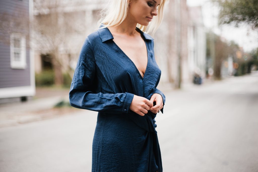 Hostess with the Mostess Forever 21 Satin Knotted high slit maxi dress long sleeve plunge neckline street style winter 2017 // Charleston Fashion Blogger Dannon Almost Happening 
