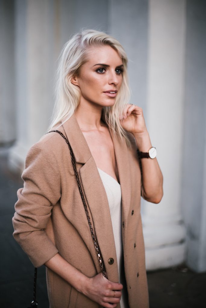 Knit Slipdress Nordstrom Leith beige sweater dress wool long camel coat loafers blogger street style winter 2017  // Charleston Fashion Blogger Dannon Almost Happening  