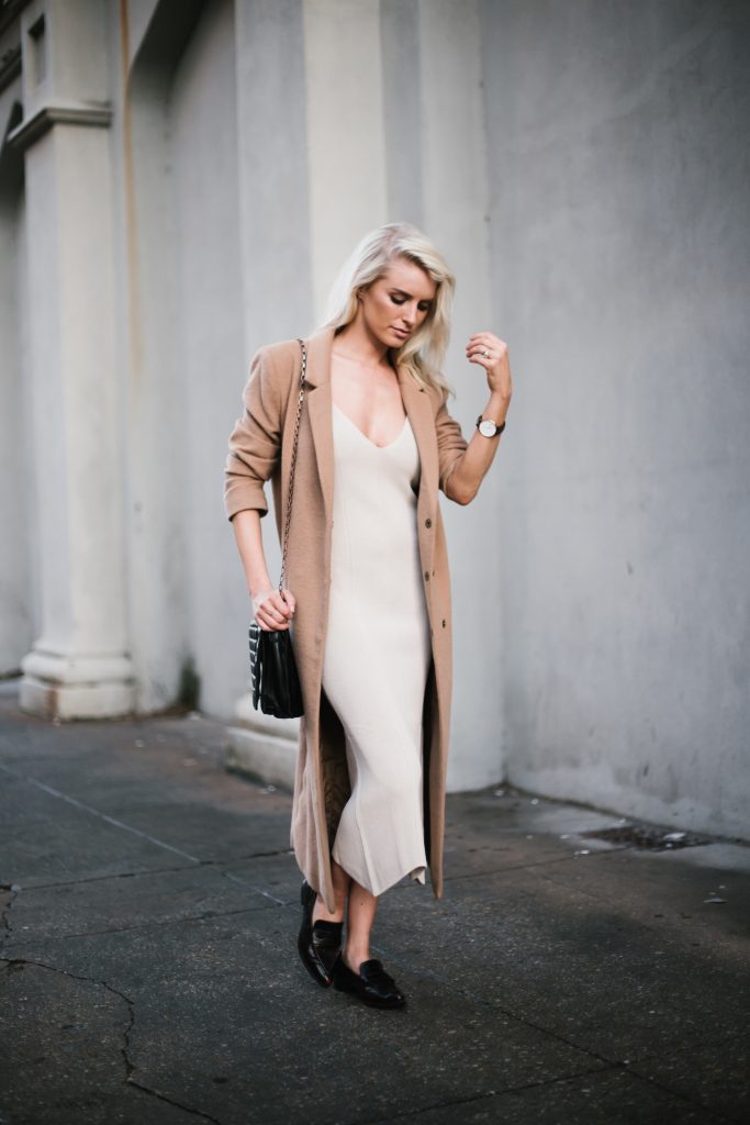 Knit Slipdress Nordstrom Leith beige sweater dress wool long camel coat loafers blogger street style winter 2017  // Charleston Fashion Blogger Dannon Almost Happening  