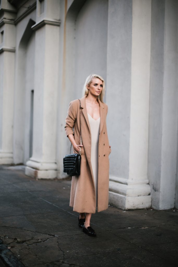 Knit Slipdress Nordstrom Leith beige sweater dress wool long camel coat loafers blogger street style winter 2017  // Charleston Fashion Blogger Dannon Almost Happening  