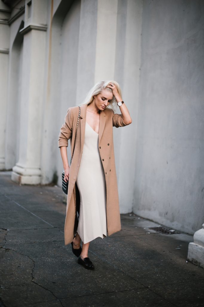 Knit Slipdress Nordstrom Leith beige sweater dress wool long camel coat loafers blogger street style winter 2017  // Charleston Fashion Blogger Dannon Almost Happening  