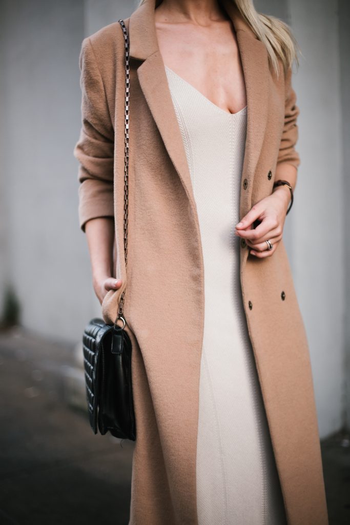 Knit Slipdress Nordstrom Leith beige sweater dress wool long camel coat loafers blogger street style winter 2017  // Charleston Fashion Blogger Dannon Almost Happening  