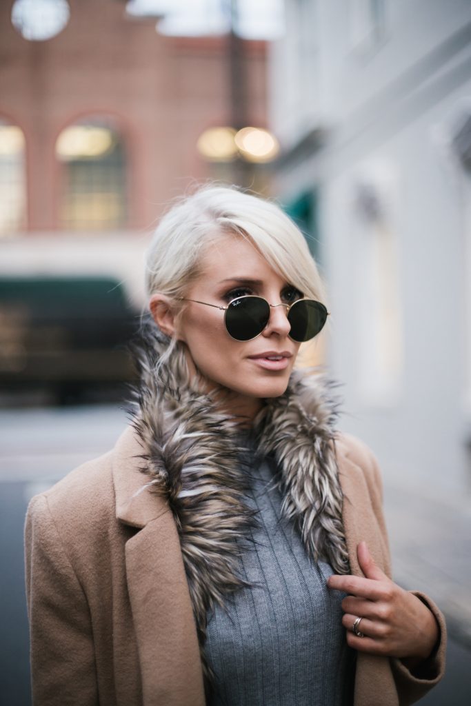 faux fur brown stole DIY tan camel long wool coat forever 21 ribbed mock neck tank gold hair cuff over-the-knee boots menswear minimalist blogger winter street style // Charleston Fashion Blogger Dannon Almost Happening 