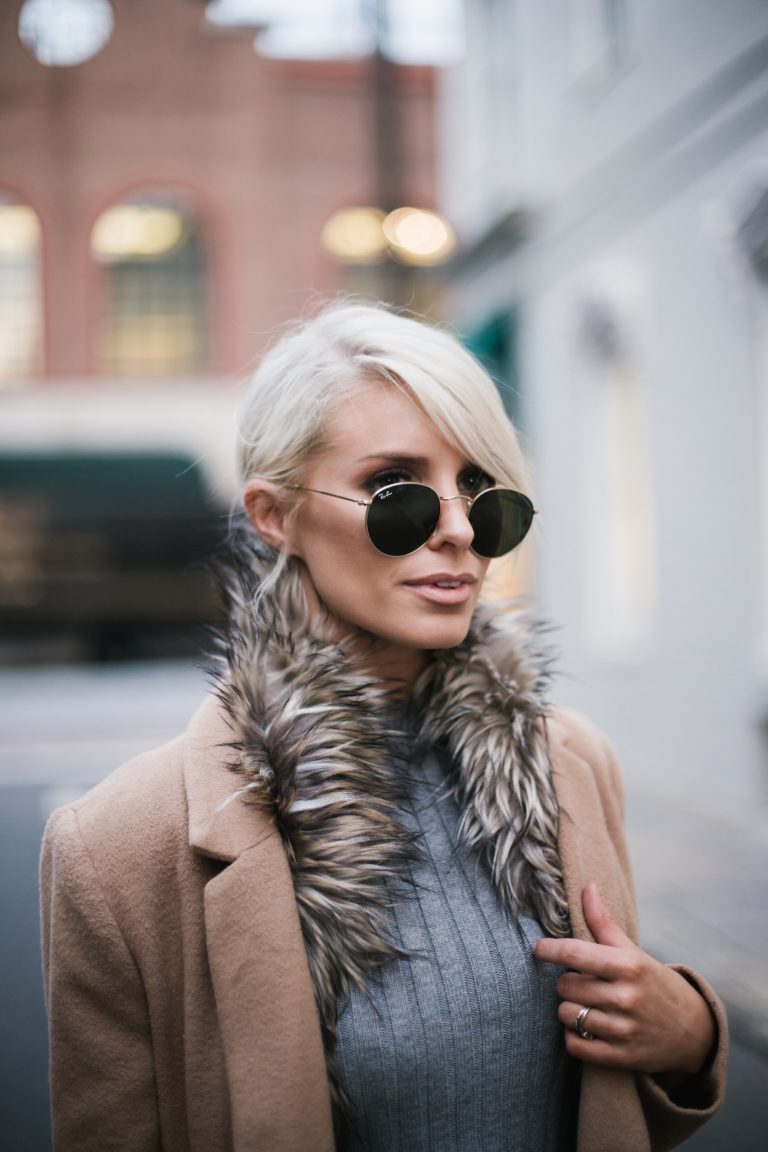 faux fur brown stole DIY tan camel long wool coat forever 21 ribbed mock neck tank gold hair cuff over-the-knee boots menswear minimalist blogger winter street style // Charleston Fashion Blogger Dannon Almost Happening