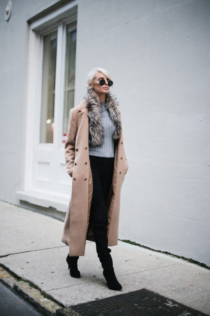 faux fur brown stole DIY tan camel long wool coat forever 21 ribbed mock neck tank gold hair cuff over-the-knee boots menswear minimalist blogger winter street style // Charleston Fashion Blogger Dannon Almost Happening 