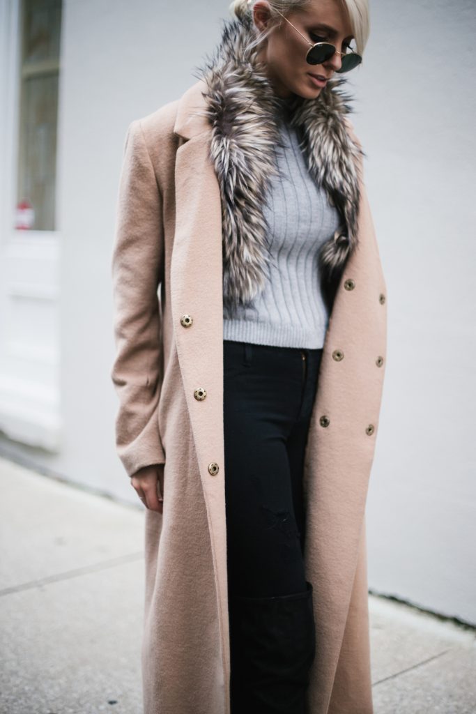 faux fur brown stole DIY tan camel long wool coat forever 21 ribbed mock neck tank gold hair cuff over-the-knee boots menswear minimalist blogger winter street style // Charleston Fashion Blogger Dannon Almost Happening 
