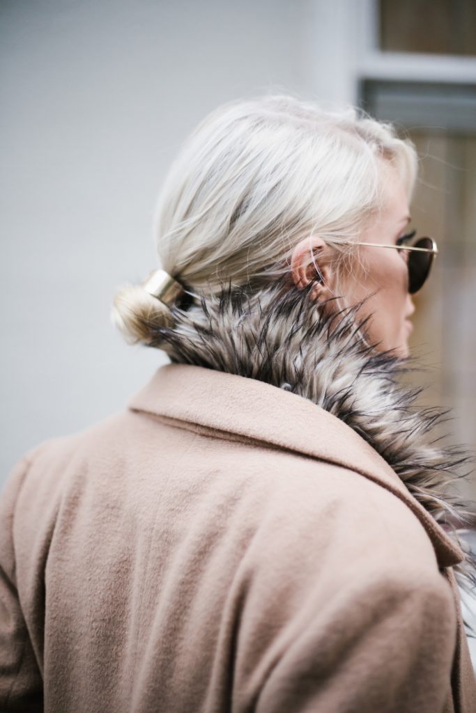 faux fur brown stole DIY tan camel long wool coat forever 21 ribbed mock neck tank gold hair cuff over-the-knee boots menswear minimalist blogger winter street style // Charleston Fashion Blogger Dannon Almost Happening