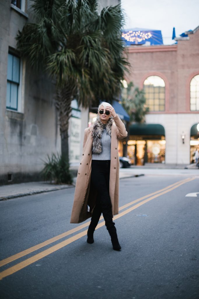 faux fur brown stole DIY tan camel long wool coat forever 21 ribbed mock neck tank gold hair cuff over-the-knee boots menswear minimalist blogger winter street style // Charleston Fashion Blogger Dannon Almost Happening