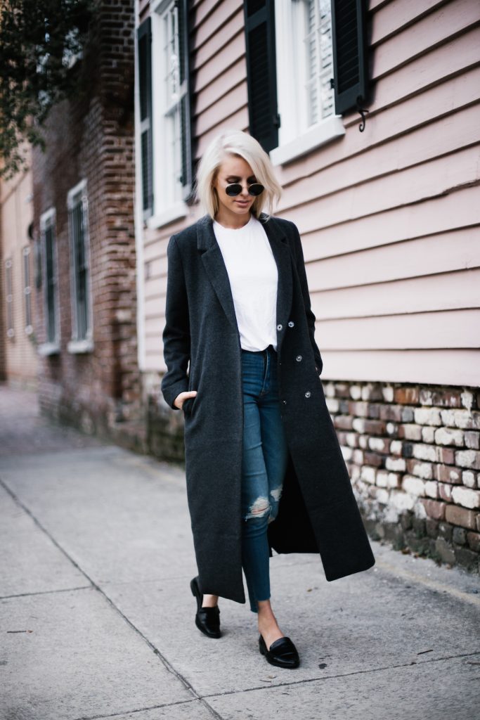 Bundled Up charcoal long wool coat dark grey white crew neck tee shirt skinny denim jeans black pointed loafers forever 21 menswear minimalist blogger winter street style // Charleston Fashion Blogger Dannon Almost Happening 