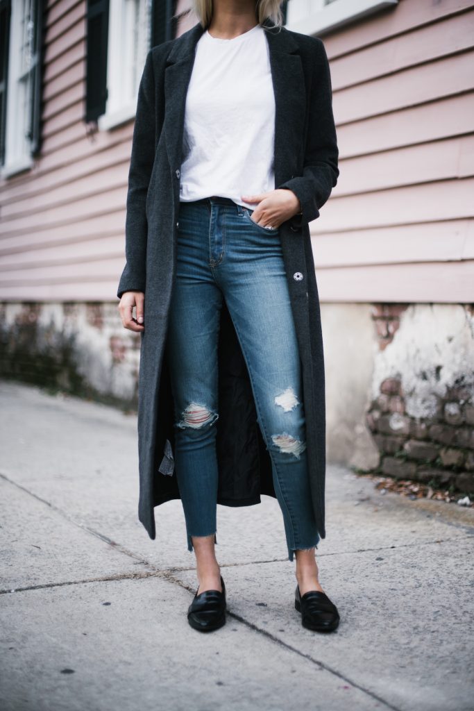Bundled Up charcoal long wool coat dark grey white crew neck tee shirt skinny denim jeans black pointed loafers forever 21 menswear minimalist blogger winter street style // Charleston Fashion Blogger Dannon Almost Happening 