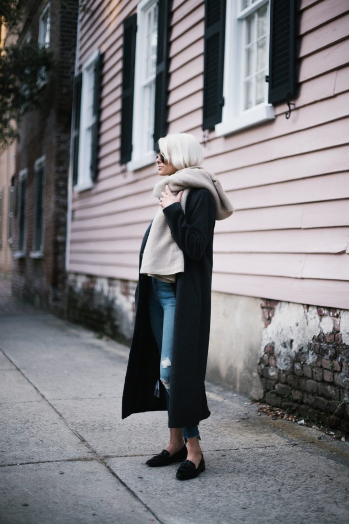 Bundled Up charcoal long wool coat dark grey white crew neck tee shirt skinny denim jeans black pointed loafers forever 21 menswear minimalist blogger winter street style // Charleston Fashion Blogger Dannon Almost Happening 
