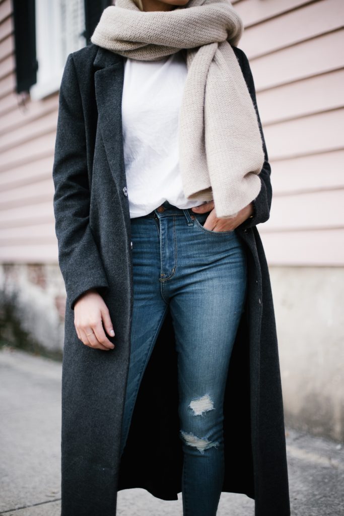 Bundled Up charcoal long wool coat dark grey white crew neck tee shirt skinny denim jeans black pointed loafers forever 21 menswear minimalist blogger winter street style // Charleston Fashion Blogger Dannon Almost Happening 