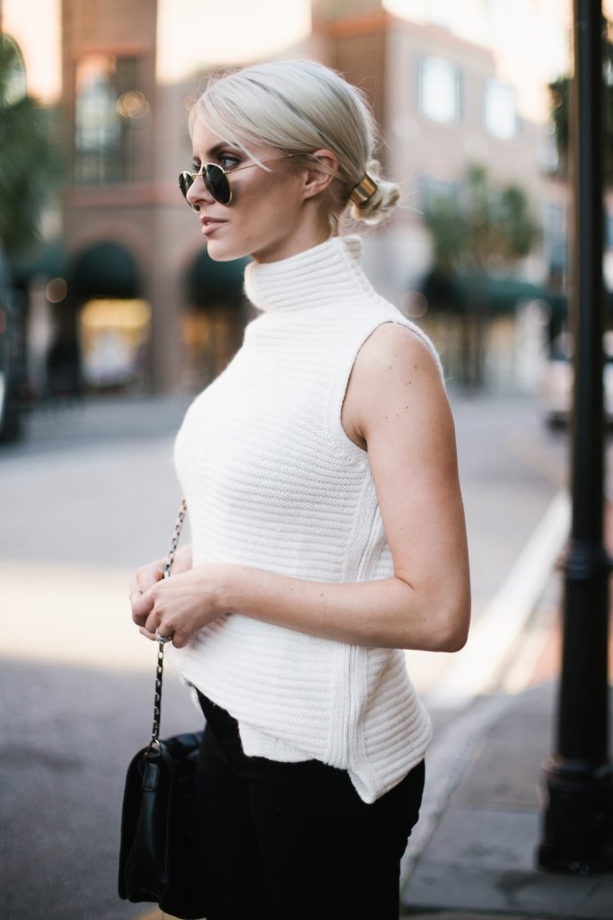 sleeveless turtleneck sweater topshop james jeans black skinny jeans distressed black ankle strap heels minimalist blogger winter street style // Charleston Fashion Blogger Dannon Almost Happening 