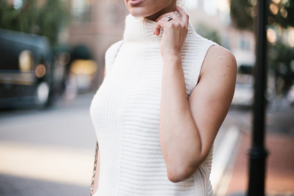 sleeveless turtleneck sweater topshop james jeans black skinny jeans distressed black ankle strap heels minimalist blogger winter street style // Charleston Fashion Blogger Dannon Almost Happening 