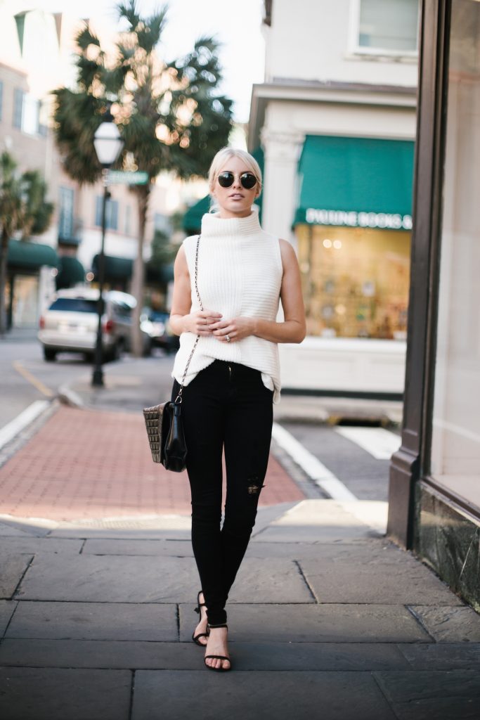 sleeveless turtleneck sweater topshop james jeans black skinny jeans distressed black ankle strap heels minimalist blogger winter street style // Charleston Fashion Blogger Dannon Almost Happening 