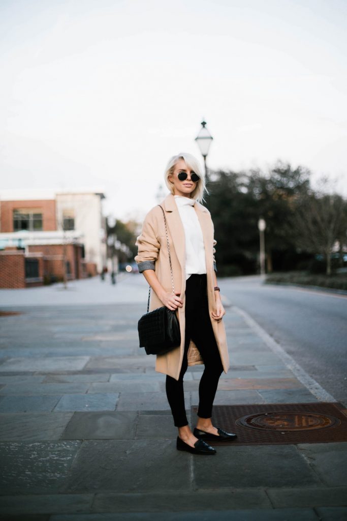Minimalist forever 21 beige longline coat white high neck tank loafers Street Style Blogger   // Charleston Fashion Blogger Dannon Almost Happening 