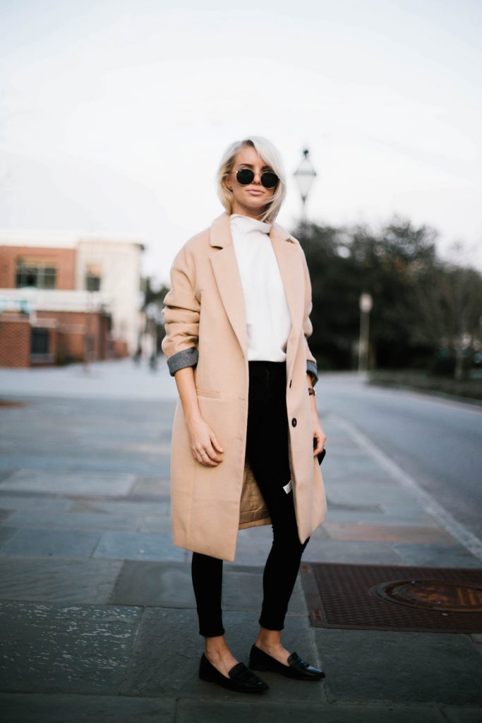 Minimalist forever 21 beige longline coat white high neck tank loafers Street Style Blogger   // Charleston Fashion Blogger Dannon Almost Happening 