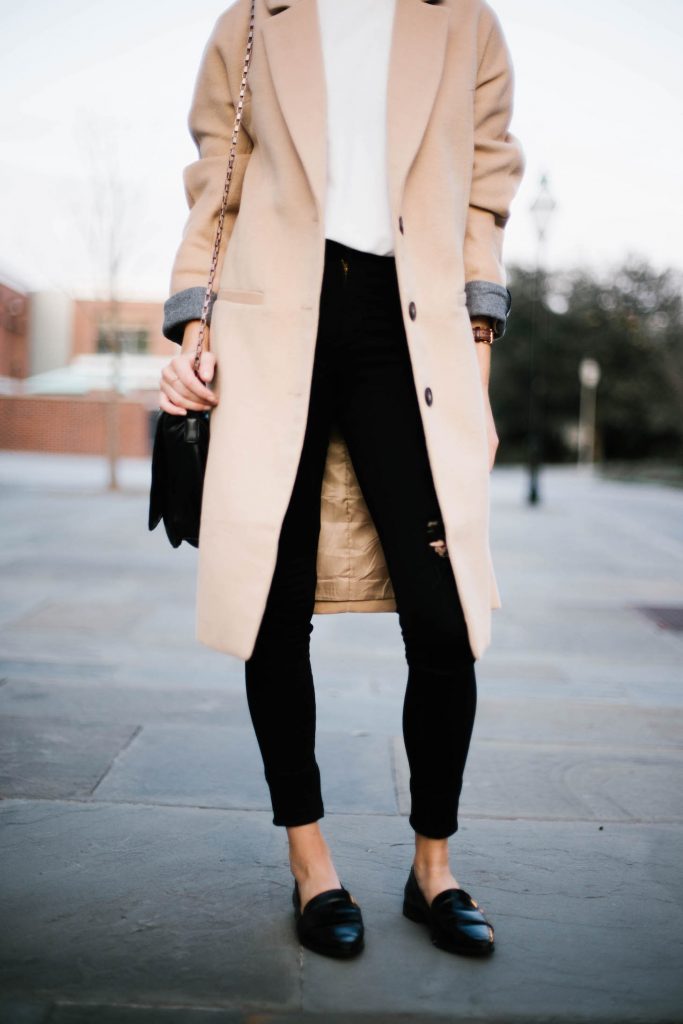 Minimalist forever 21 beige longline coat white high neck tank loafers Street Style Blogger   // Charleston Fashion Blogger Dannon Almost Happening 