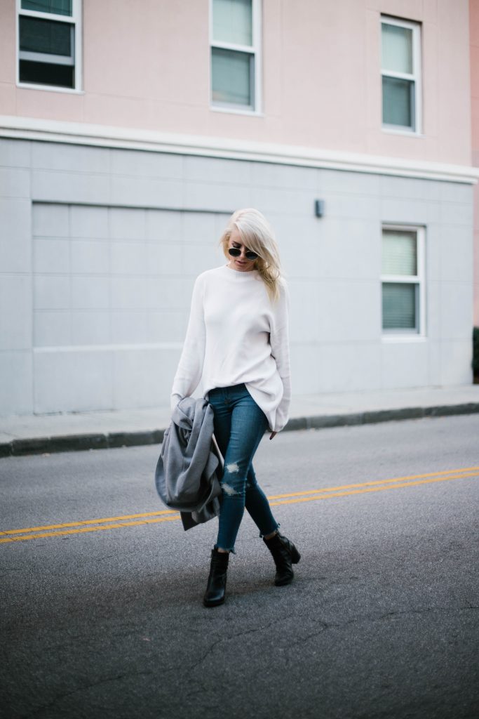 Grey Coat oversized wool long lulus fifth the label abercrombie and fitch skinny denim jeans black ankle boots steve madden Street Style Blogger   // Charleston Fashion Blogger Dannon Almost Happening  