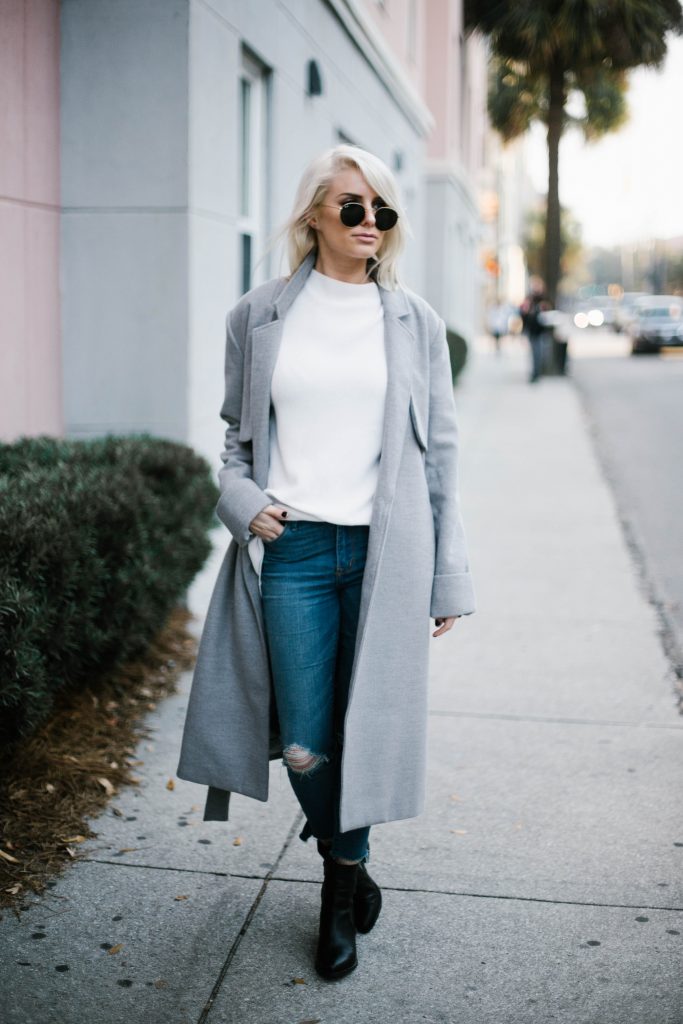 Grey Coat oversized wool long lulus fifth the label abercrombie and fitch skinny denim jeans black ankle boots steve madden Street Style Blogger   // Charleston Fashion Blogger Dannon Almost Happening  