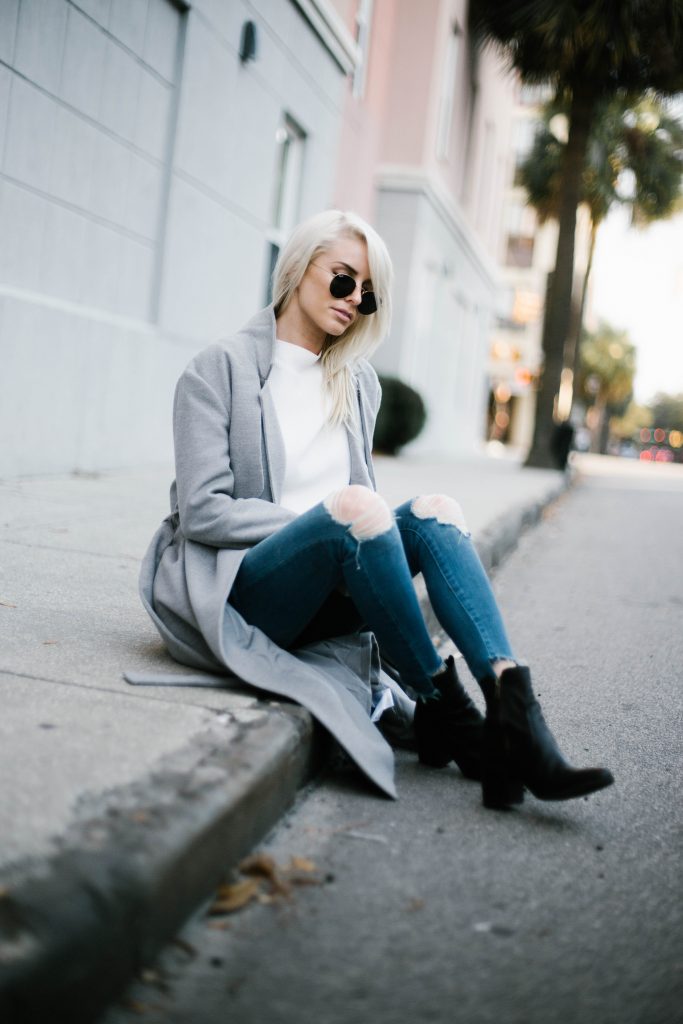 Grey Coat oversized wool long lulus fifth the label abercrombie and fitch skinny denim jeans black ankle boots steve madden Street Style Blogger   // Charleston Fashion Blogger Dannon Almost Happening  