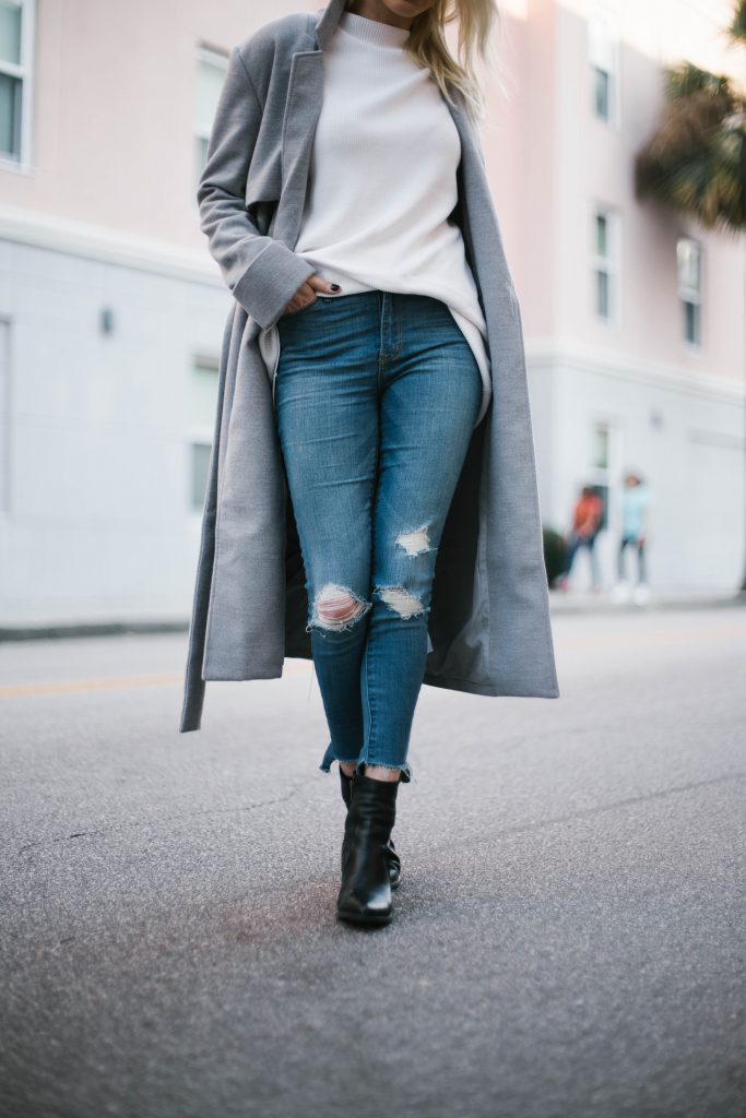 Grey Coat oversized wool long lulus fifth the label abercrombie and fitch skinny denim jeans black ankle boots steve madden Street Style Blogger   // Charleston Fashion Blogger Dannon Almost Happening  