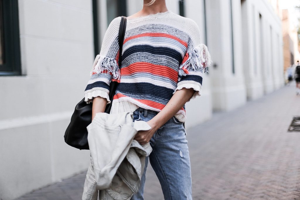 CFW Day 3 Beckett Boutique eleven six kaja fringe stripe sweater beige moto leather jacket boyfriend jeans ankle boots low messy bun street style downtown fashion week   // Charleston Fashion Blogger Dannon Almost Happening  