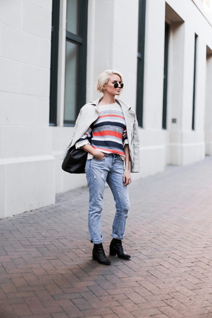 CFW Day 3 Beckett Boutique eleven six kaja fringe stripe sweater beige moto leather jacket boyfriend jeans ankle boots low messy bun street style downtown fashion week   // Charleston Fashion Blogger Dannon Almost Happening  