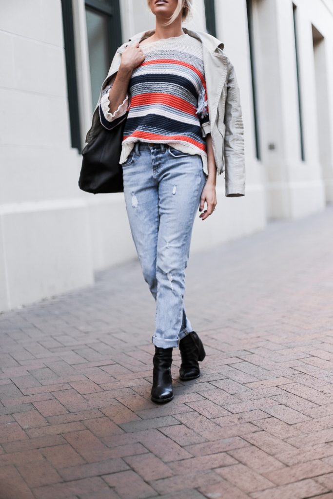 CFW Day 3 Beckett Boutique eleven six kaja fringe stripe sweater beige moto leather jacket boyfriend jeans ankle boots low messy bun street style downtown fashion week   // Charleston Fashion Blogger Dannon Almost Happening  