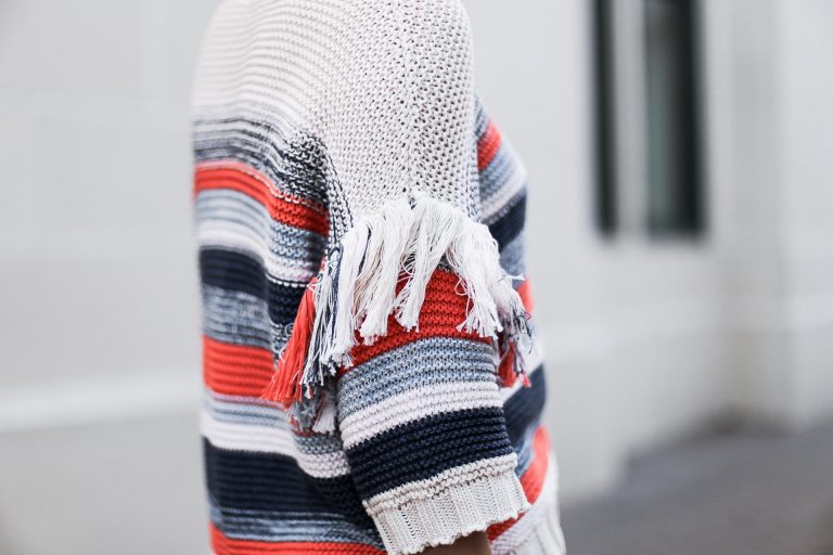 CFW Day 3 Beckett Boutique eleven six kaja fringe stripe sweater beige moto leather jacket boyfriend jeans ankle boots low messy bun street style downtown fashion week // Charleston Fashion Blogger Dannon Almost Happening