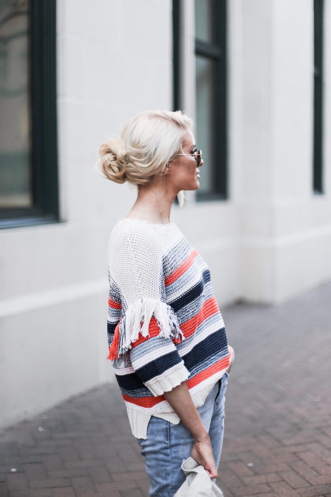 CFW Day 3 Beckett Boutique eleven six kaja fringe stripe sweater beige moto leather jacket boyfriend jeans ankle boots low messy bun street style downtown fashion week   // Charleston Fashion Blogger Dannon Almost Happening  