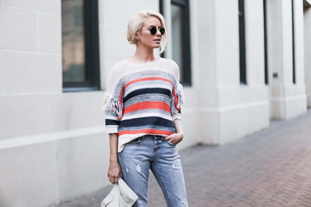 CFW Day 3 Beckett Boutique eleven six kaja fringe stripe sweater beige moto leather jacket boyfriend jeans ankle boots low messy bun street style downtown fashion week   // Charleston Fashion Blogger Dannon Almost Happening  
