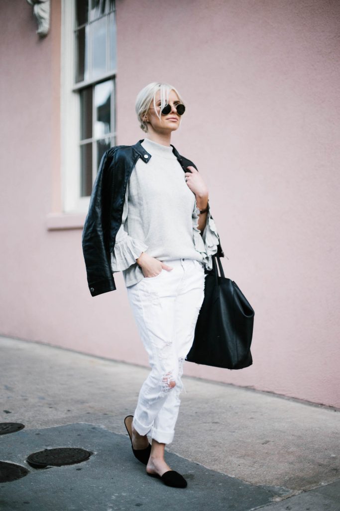 Pleated Sleeves Mango sweater grey pink wall downtown jbrand white distressed boyfriend jeans leather jacket slip-on mules // Charleston Fashion Blogger Dannon Almost Happening 