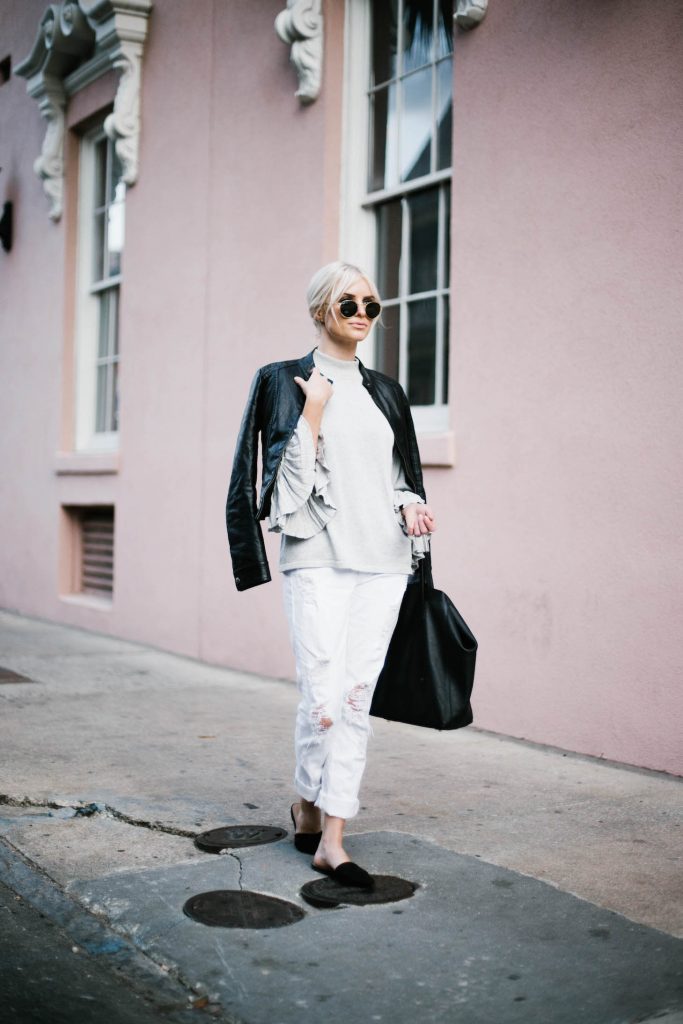Pleated Sleeves Mango sweater grey pink wall downtown jbrand white distressed boyfriend jeans leather jacket slip-on mules // Charleston Fashion Blogger Dannon Almost Happening 