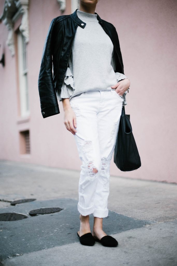 Pleated Sleeves Mango sweater grey pink wall downtown jbrand white distressed boyfriend jeans leather jacket slip-on mules // Charleston Fashion Blogger Dannon Almost Happening 