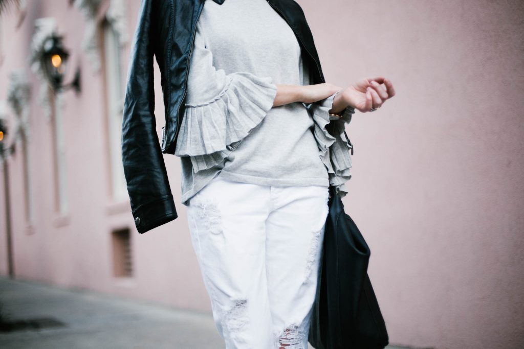 Pleated Sleeves Mango sweater grey pink wall downtown jbrand white distressed boyfriend jeans leather jacket slip-on mules // Charleston Fashion Blogger Dannon Almost Happening 