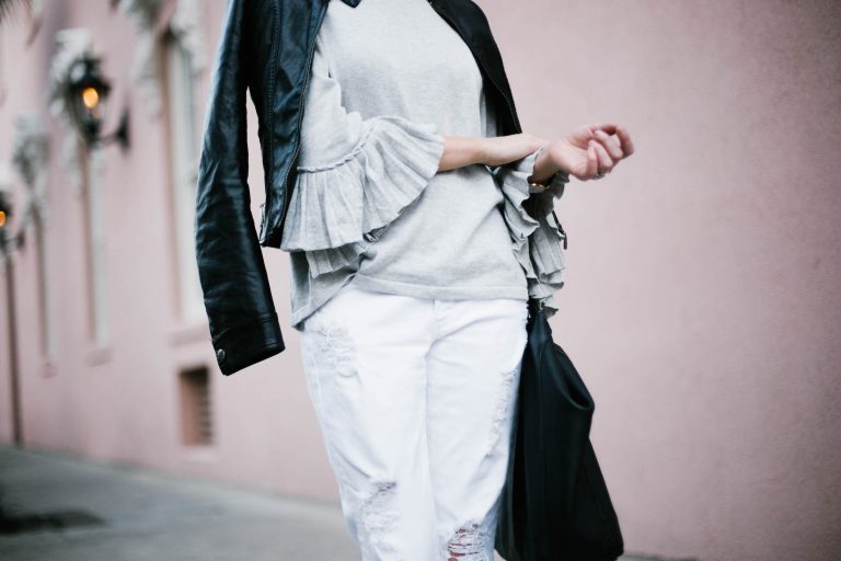 Pleated Sleeves Mango sweater grey pink wall downtown jbrand white distressed boyfriend jeans leather jacket slip-on mules // Charleston Fashion Blogger Dannon Almost Happening