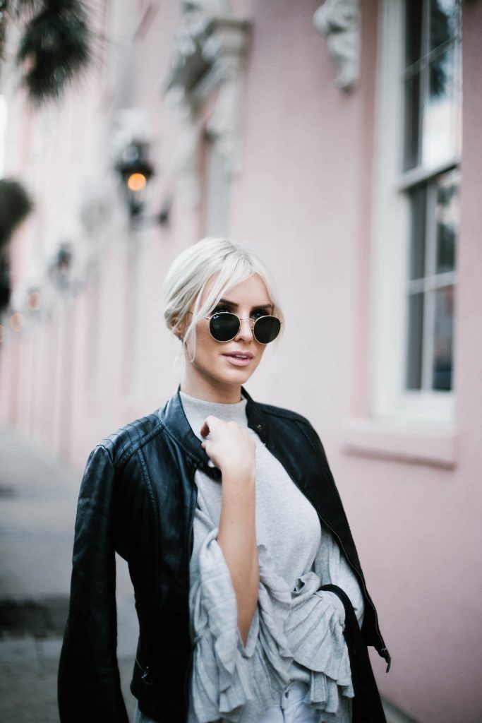 Pleated Sleeves Mango sweater grey pink wall downtown jbrand white distressed boyfriend jeans leather jacket slip-on mules // Charleston Fashion Blogger Dannon Almost Happening 