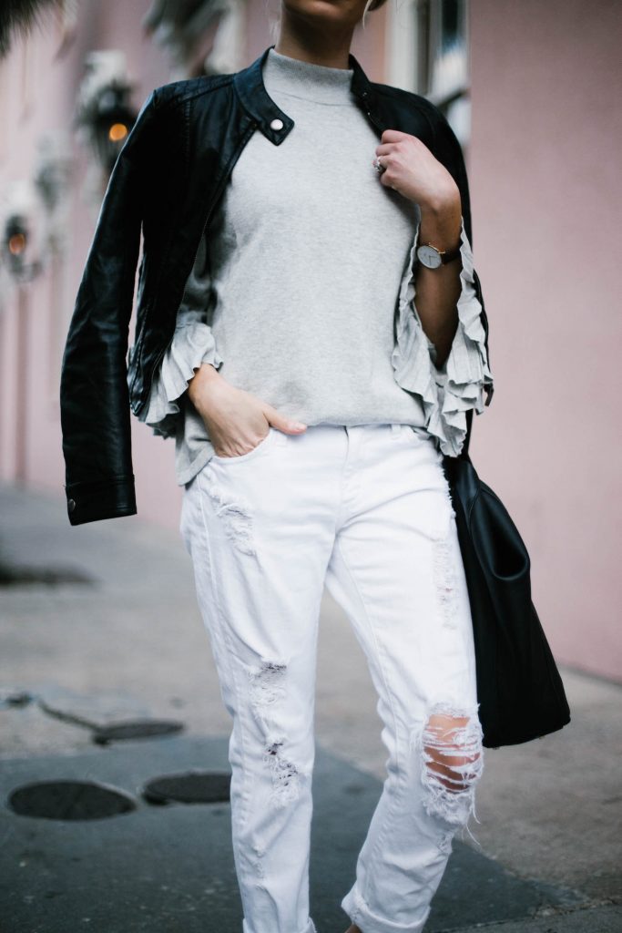 Pleated Sleeves Mango sweater grey pink wall downtown jbrand white distressed boyfriend jeans leather jacket slip-on mules // Charleston Fashion Blogger Dannon Almost Happening 