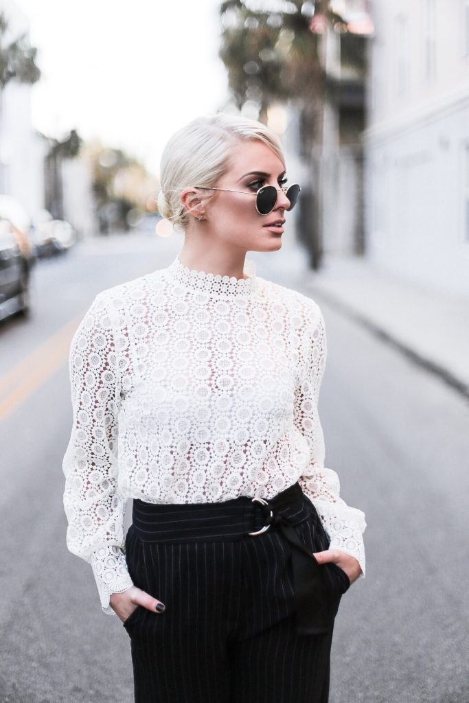CFW Day 4 Victorian white long sleeve lace crochet blouse high neck waisted pinstripe trousers pants pointed ankle boots street style winter 2017 // Charleston Fashion Blogger Dannon Almost Happening 