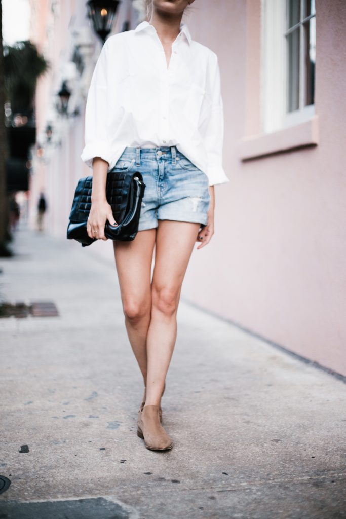 Denim Boy Shorts white button down shirt poplin woven forever 21 medal boyfriend suede ankle boots top knot hair downtown on-the-go  street style spring 2017  // Charleston Fashion Blogger Dannon Almost Happening  