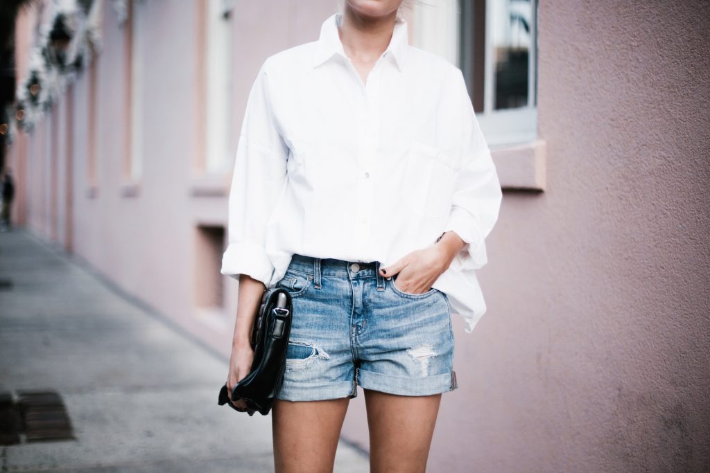 Denim Boy Shorts white button down shirt poplin woven forever 21 medal boyfriend suede ankle boots top knot hair downtown on-the-go  street style spring 2017  // Charleston Fashion Blogger Dannon Almost Happening  