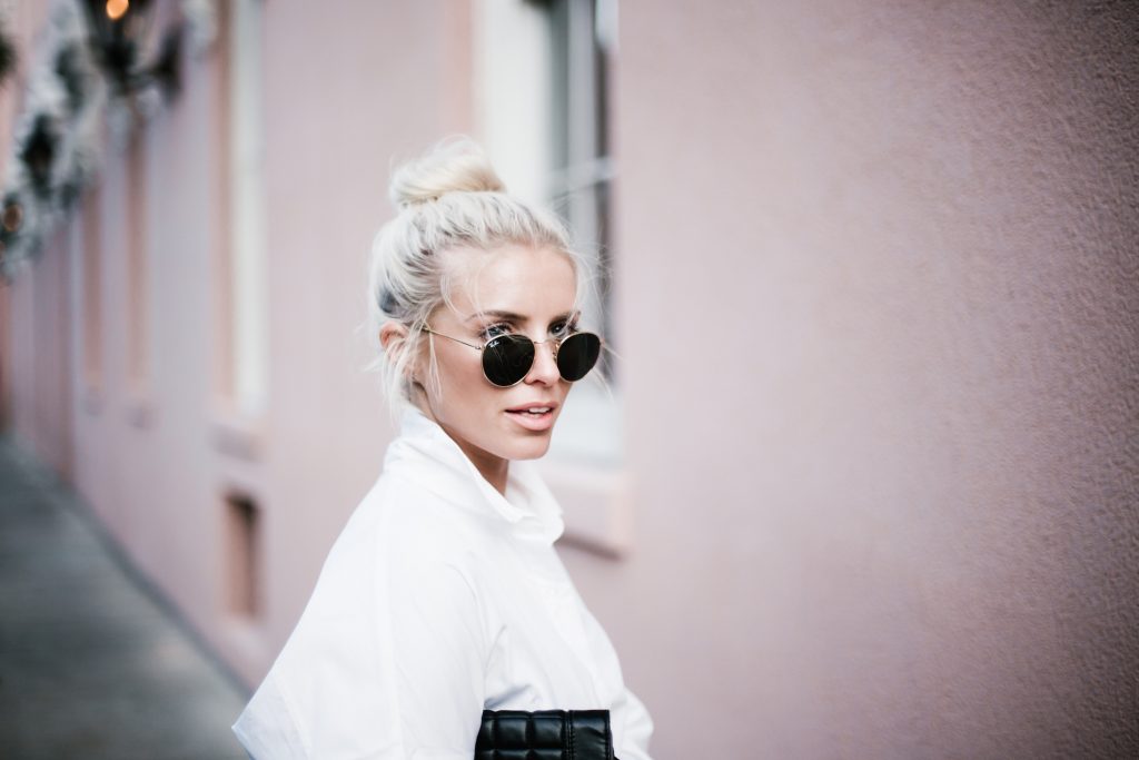 Denim Boy Shorts white button down shirt poplin woven forever 21 medal boyfriend suede ankle boots top knot hair downtown on-the-go  street style spring 2017  // Charleston Fashion Blogger Dannon Almost Happening  