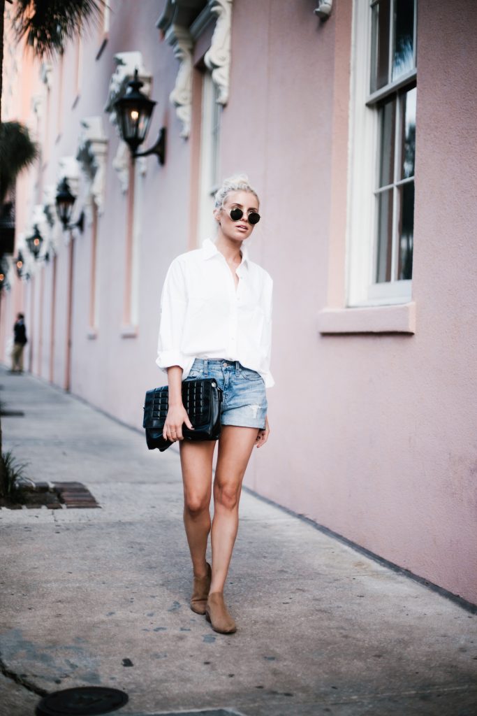 Denim Boy Shorts white button down shirt poplin woven forever 21 medal boyfriend suede ankle boots top knot hair downtown on-the-go  street style spring 2017  // Charleston Fashion Blogger Dannon Almost Happening  