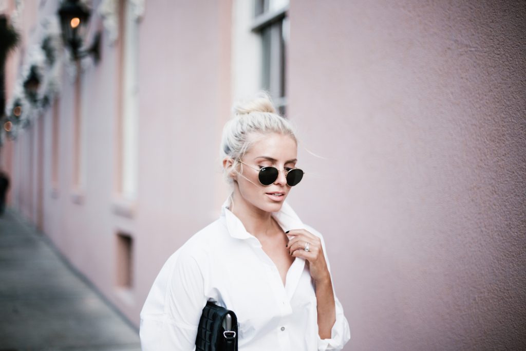 Denim Boy Shorts white button down shirt poplin woven forever 21 medal boyfriend suede ankle boots top knot hair downtown on-the-go street style spring 2017 // Charleston Fashion Blogger Dannon Almost Happening
