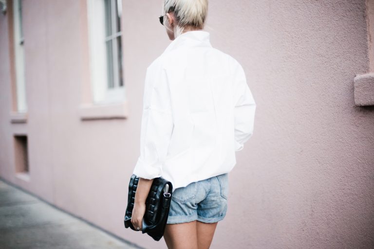 Denim Boy Shorts white button down shirt poplin woven forever 21 medal boyfriend suede ankle boots top knot hair downtown on-the-go street style spring 2017 // Charleston Fashion Blogger Dannon Almost Happening