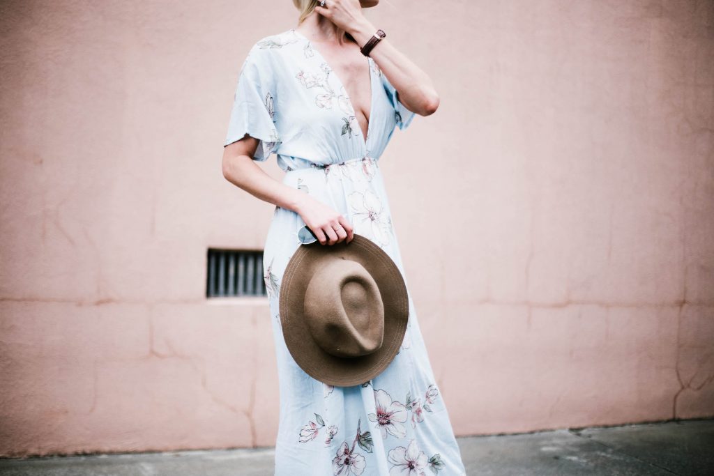 Floral Maxis Forever 21 contemporary dress plunge neck fedora floppy tan hat southern street style downtown fashion week // Charleston Fashion Blogger Dannon Almost Happening 