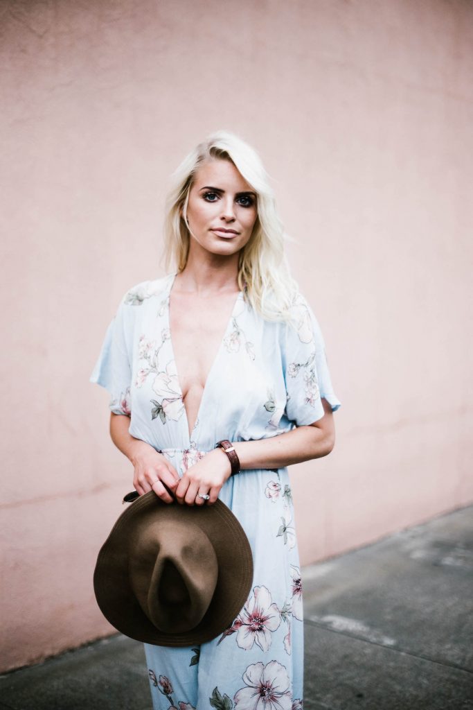Floral Maxis Forever 21 contemporary dress plunge neck fedora floppy tan hat southern street style downtown fashion week // Charleston Fashion Blogger Dannon Almost Happening 