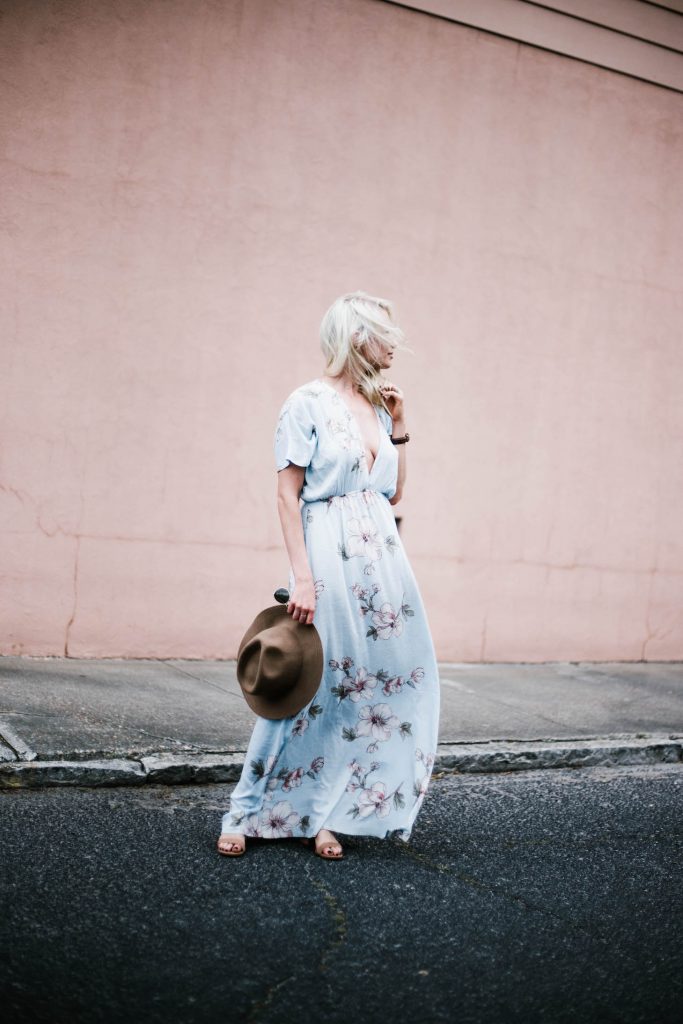 Floral Maxis Forever 21 contemporary dress plunge neck fedora floppy tan hat southern street style downtown fashion week // Charleston Fashion Blogger Dannon Almost Happening 