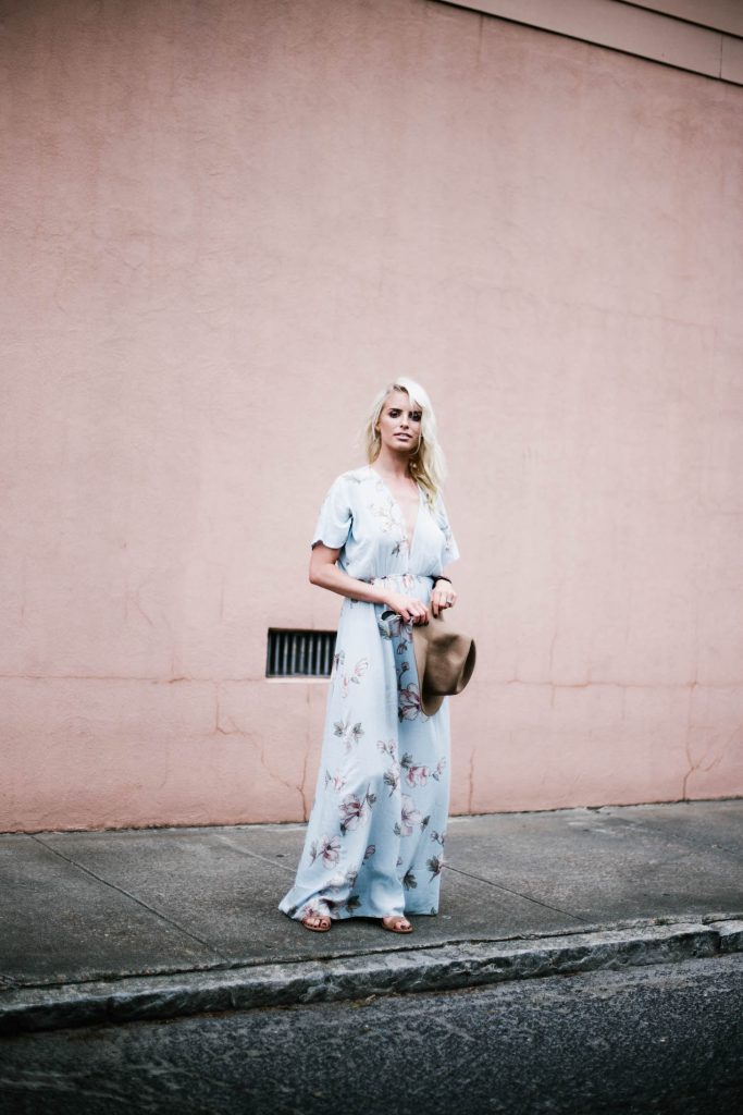 Floral Maxis Forever 21 contemporary dress plunge neck fedora floppy tan hat southern street style downtown fashion week // Charleston Fashion Blogger Dannon Almost Happening 